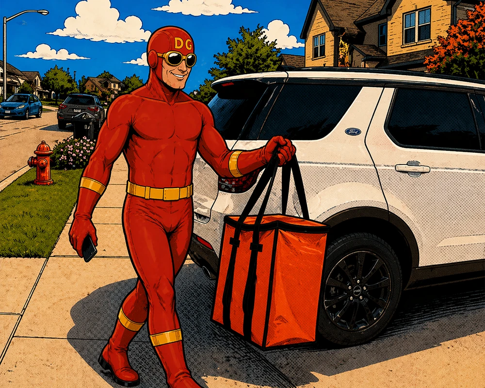 Illustrated Dash Gordon in superhero costume making a DoorDash delivery in League City, Texas