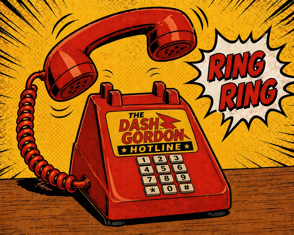 Illustrated Dash Gordon on a community hotline helping neighbors in League City