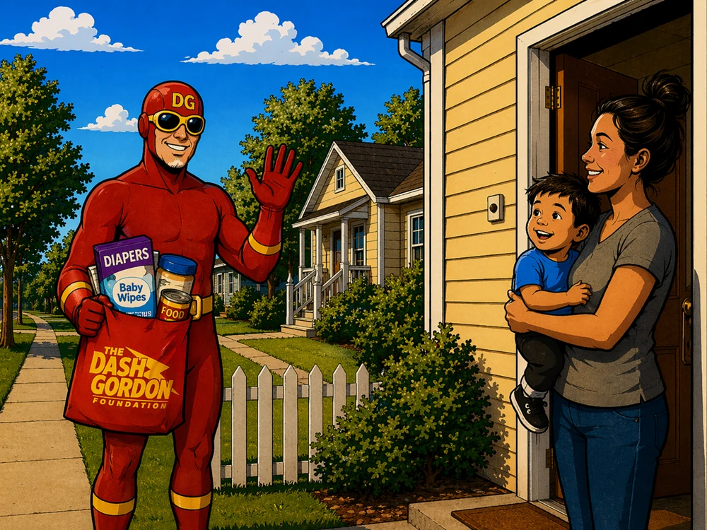 Timothy Glover as Dash Gordon delivering baby supplies to a mother and son in League City, Texas