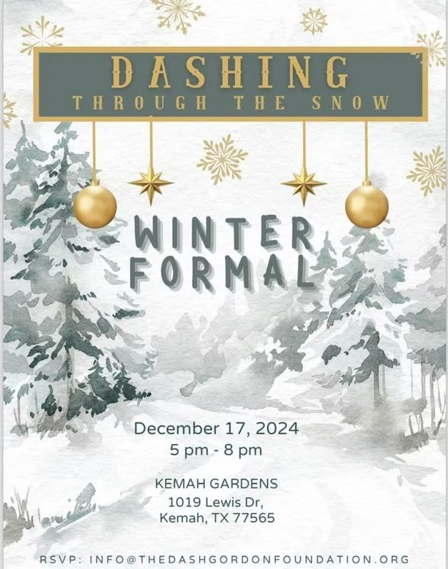 A watercolor winter woodland flyer reading "Dashing Through the Snow, Winter Formal," with snow dusted pine trees, gold ornaments and stars, for Kemah Gardens on December 17.