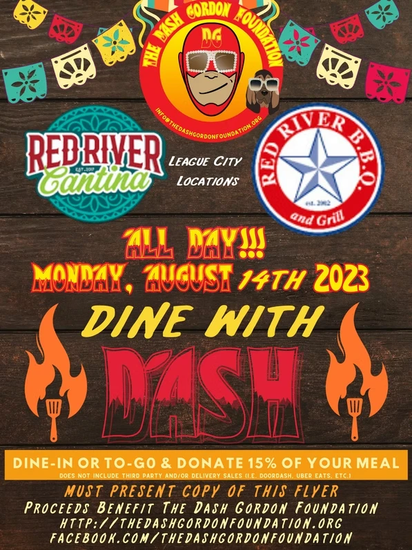 A rustic wood background flyer for "Dine With Dash," with flame graphics and Red River Cantina and Red River BBQ logos, inviting diners to donate part of their meal.