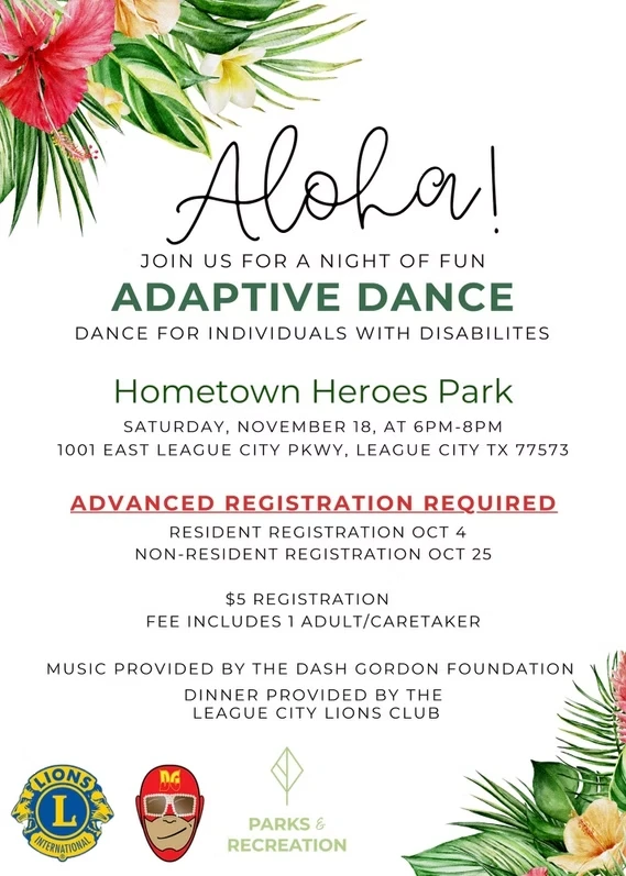 A tropical floral flyer reading "Aloha, Adaptive Dance," with hibiscus and palm leaf illustrations, for a November evening dance at Hometown Heroes Park.
