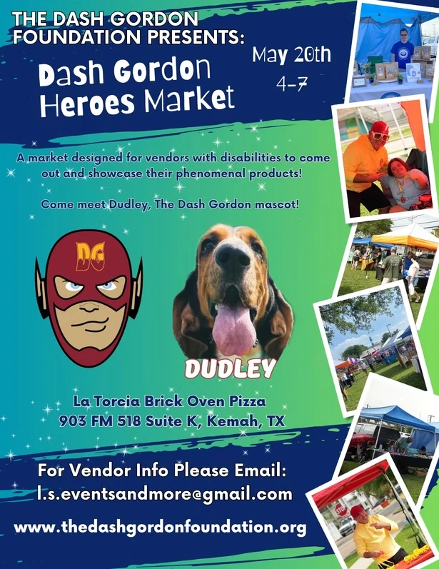 A Heroes Market flyer with the Dash Gordon mascot and Dudley the bloodhound mascot graphic, alongside four candid photos of vendors and shoppers under market tents.