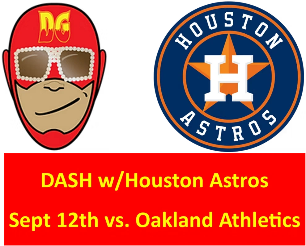 A graphic pairing the Dash Gordon mascot face with the Houston Astros logo, announcing a Dash Gordon night at the ballpark for the September 12th Astros game.
