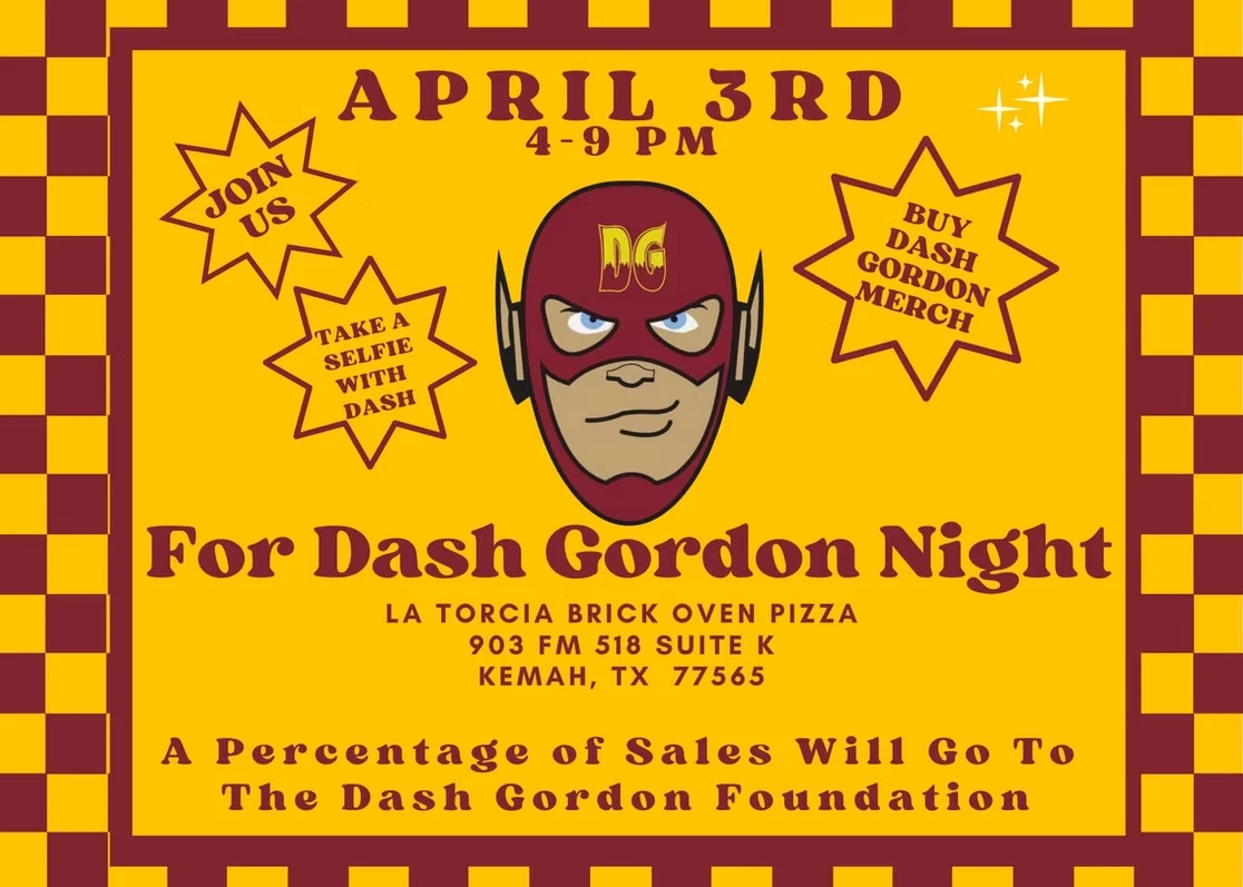 A yellow and maroon checkered flyer for Dash Gordon Night, with an illustrated Dash Gordon mascot face and stars inviting selfies and merch sales at a pizzeria fundraiser.