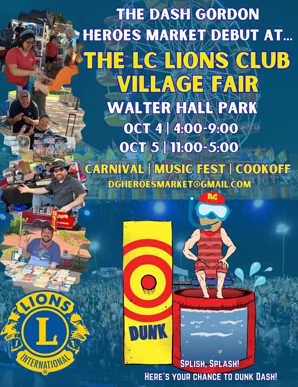 A Heroes Market debut flyer for the LC Lions Club Village Fair, with a strip of candid vendor photos, a Ferris wheel backdrop and a cartoon dunk tank graphic.