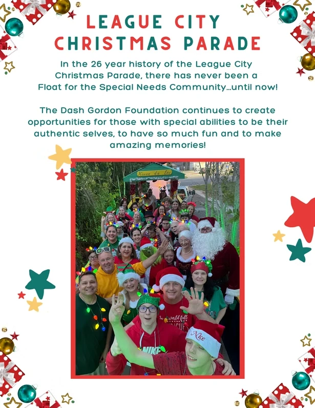 A large group of volunteers and float riders, several dressed as Santa, Mrs. Claus and elves in string lights, smile together at night for the League City Christmas Parade.