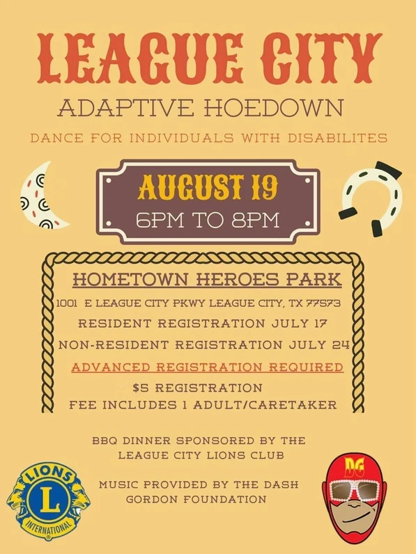 A tan western themed flyer for the League City Adaptive Hoedown, with a horseshoe, crescent moon and rope border, for an August evening at Hometown Heroes Park.
