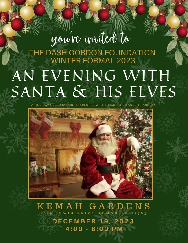 A green holiday flyer for "An Evening with Santa and His Elves" frames a scene of a man in a Santa suit seated by a decorated fireplace and Christmas tree.