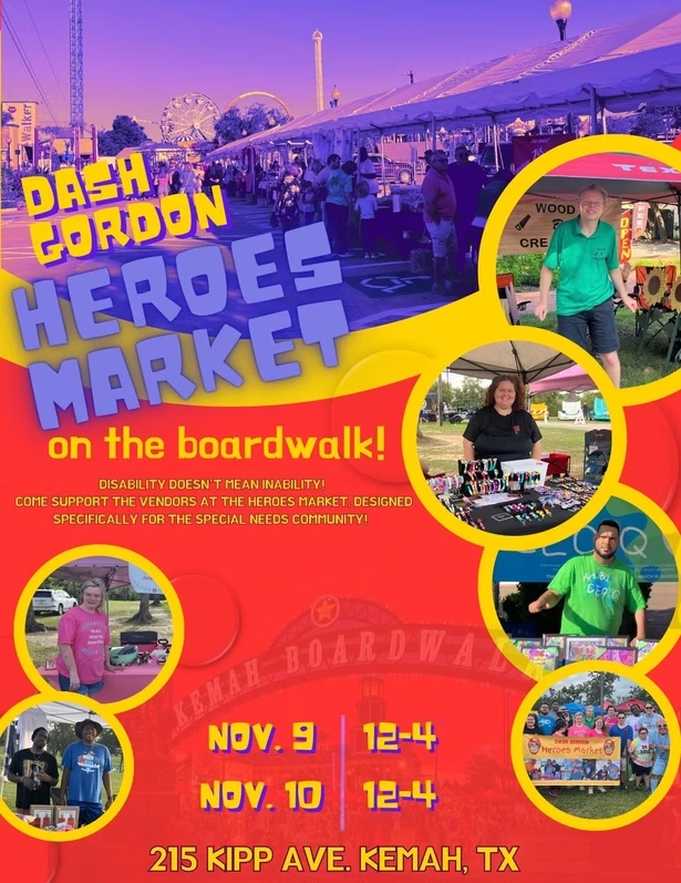 A red Heroes Market flyer over a dusk photo of a boardwalk carnival with a Ferris wheel, framing five circular photos of vendors at their market booths.
