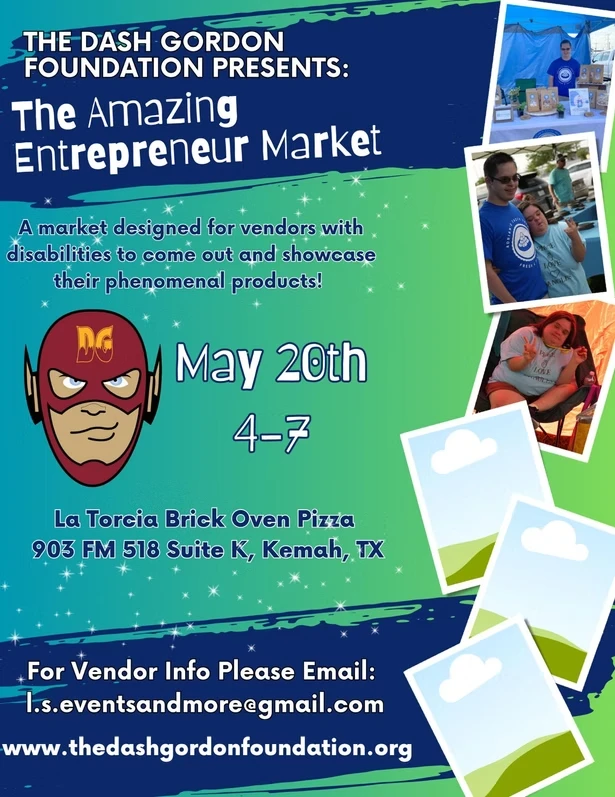 A green flyer for the Amazing Entrepreneur Market, with the Dash Gordon mascot graphic and candid photos of a vendor at a table, two people posing, and a woman seated outdoors.
