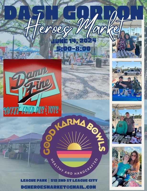 A June Heroes Market flyer over a tree lined market photo, with Damn Fine and Good Karma Bowls vendor logos and four candid photos of vendors posing with shoppers.