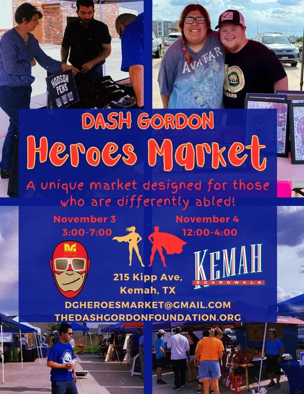 A blue Heroes Market flyer for the Kemah Boardwalk, with candid photos of a vendor selling pens, visitors posing together, and shoppers browsing market tents.