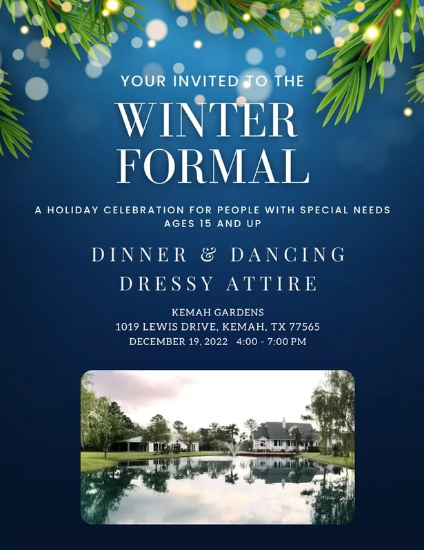 A dark blue holiday flyer inviting guests to a Winter Formal frames a lakeside venue lit with string lights and reflected in the water at dusk.