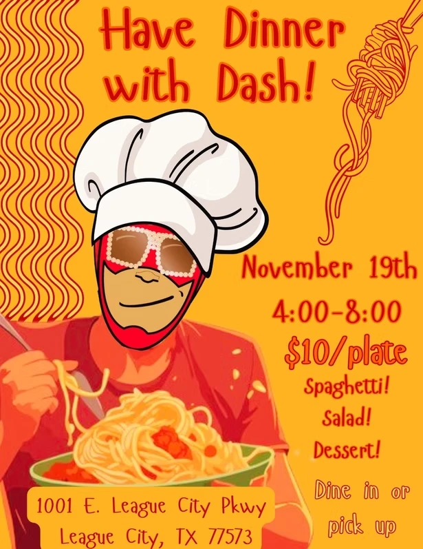 An illustrated orange flyer of the Dash Gordon mascot in a chef's hat twirling spaghetti, advertising a November spaghetti dinner fundraiser for ten dollars a plate.