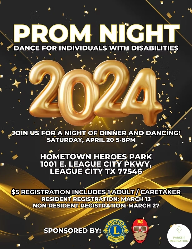 A black and gold flyer with glittering gold balloon numbers reading "2024," announcing Prom Night, a dance for individuals with disabilities.