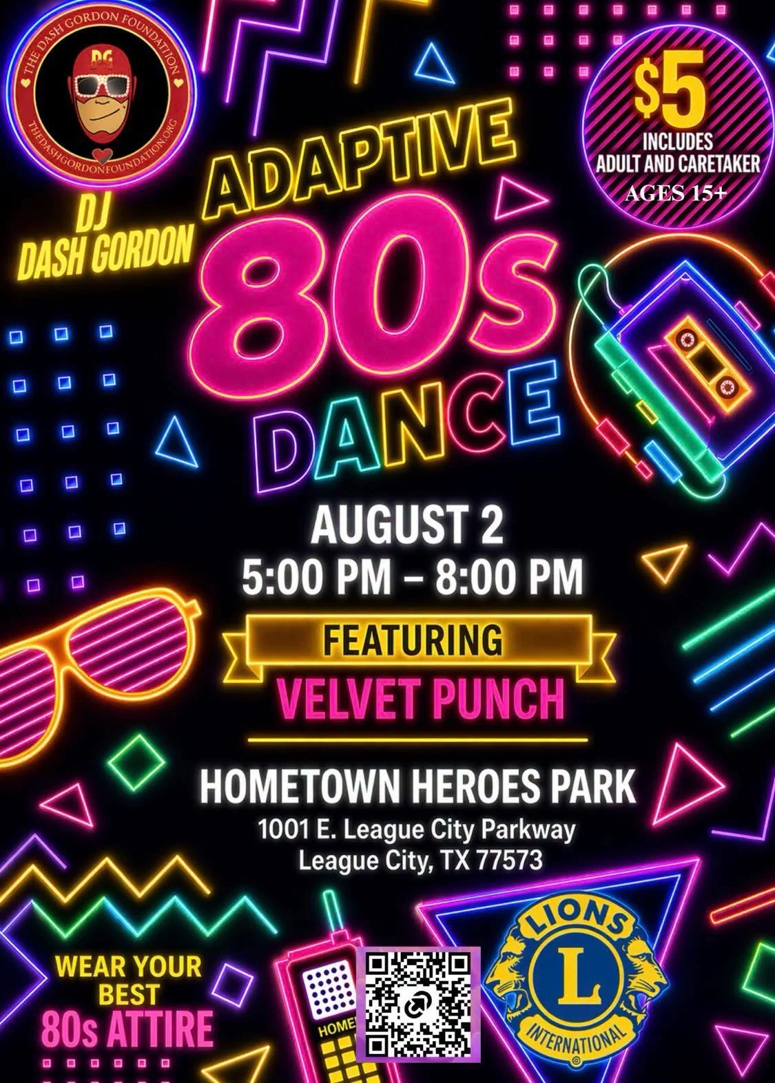 A neon-lit 1980s themed flyer for the Dash Gordon Foundation's Adaptive 80s Dance, with pink and blue neon lettering, a cassette tape graphic, sunglasses, and the DJ Dash Gordon and Lions International logos.