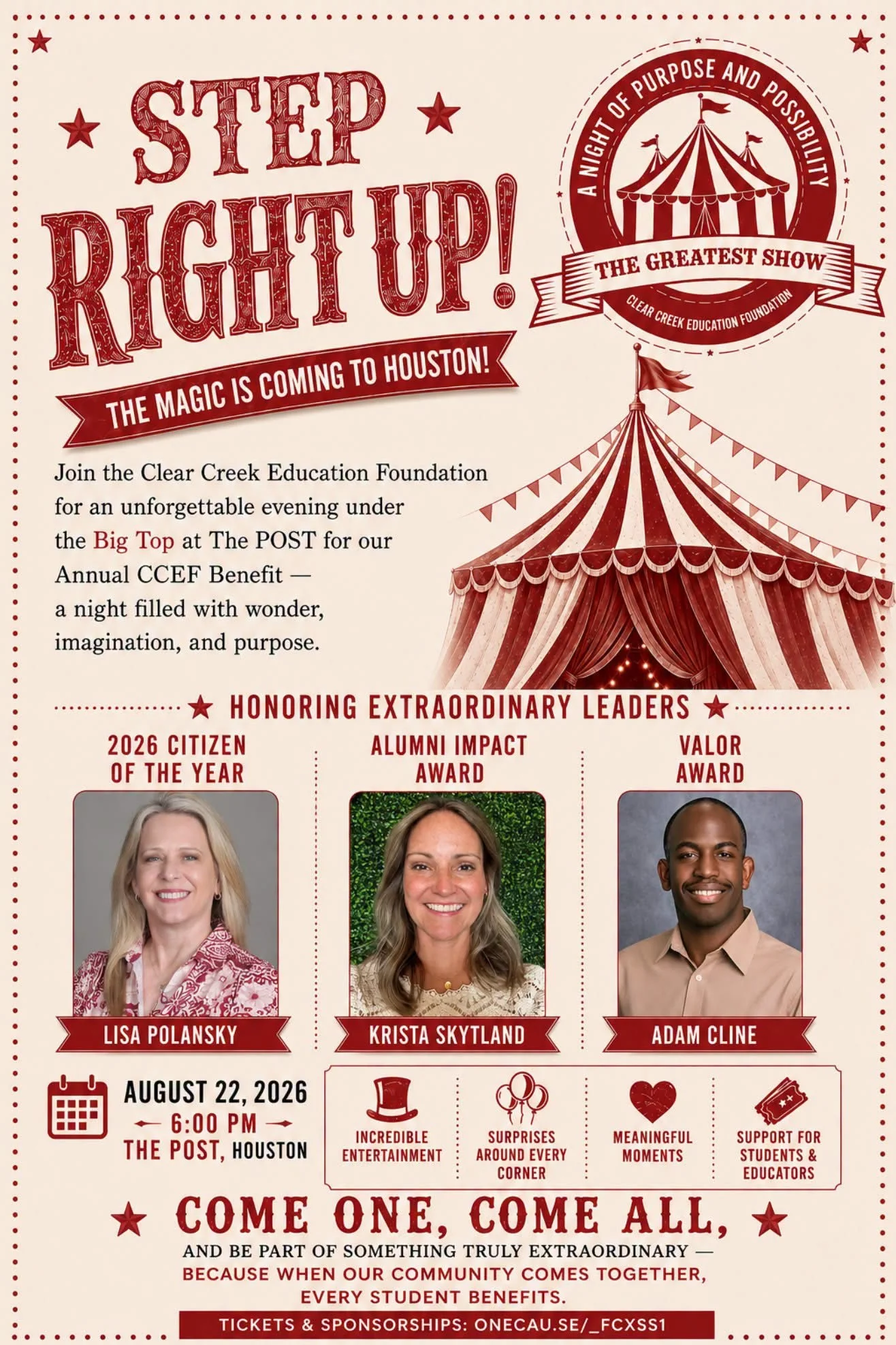 A vintage circus-poster style flyer for the Clear Creek Education Foundation's Annual CCEF Benefit "The Greatest Show," featuring a red and white circus tent illustration and headshots of three honorees, Lisa Polansky, Krista Skytland and Adam Cline.