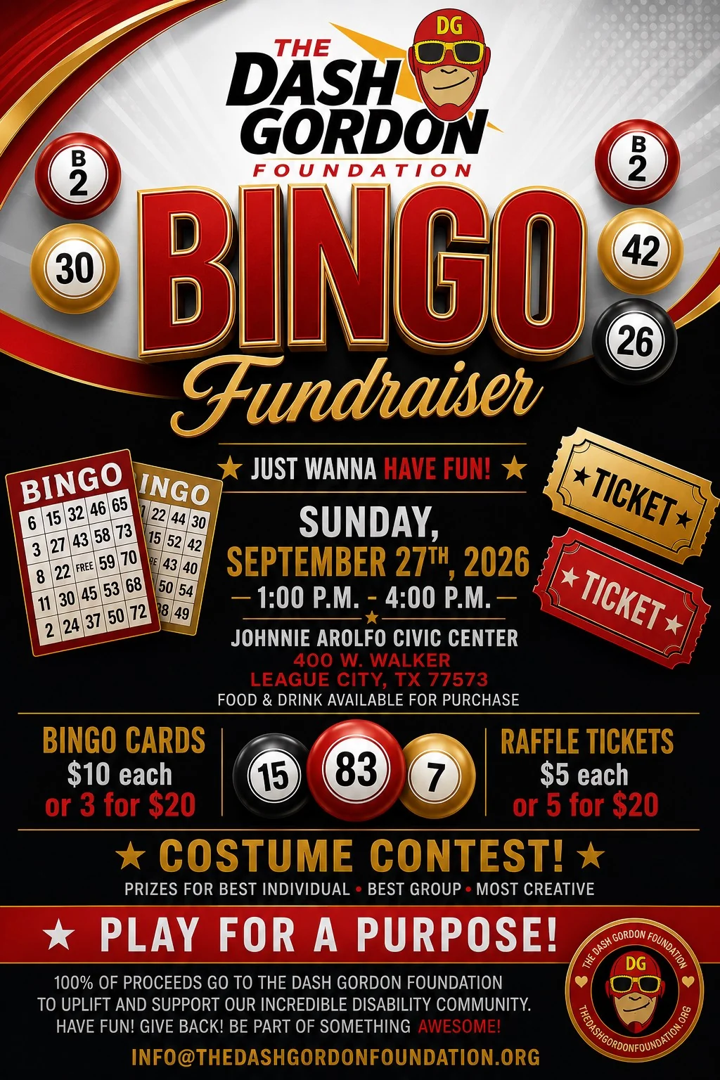 A red, black and gold flyer for the Dash Gordon Foundation's Bingo Fundraiser, with bold "BINGO" lettering, bingo balls and bingo cards, listing the date, venue, and card and raffle ticket prices.