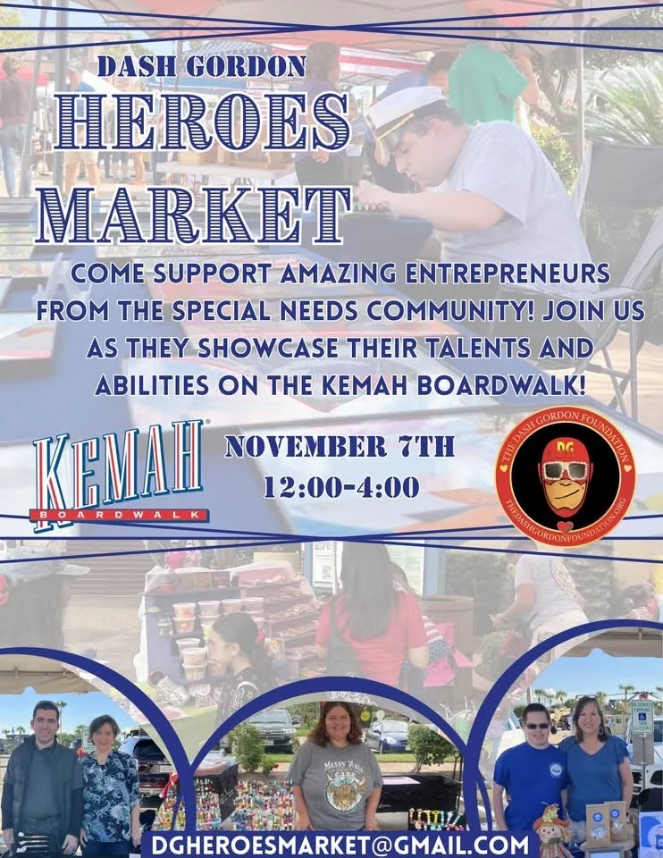 A flyer for the Dash Gordon Heroes Market at the Kemah Boardwalk, with photos of vendors and shoppers at outdoor market booths and the Kemah Boardwalk and Dash Gordon Foundation logos.