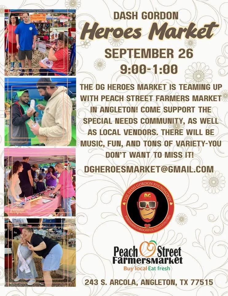 A collage flyer for the Dash Gordon Heroes Market at Peach Street Farmers Market, showing four photos of vendors and shoppers at an outdoor market booth, with the Dash Gordon Foundation and Peach Street Farmers Market logos.