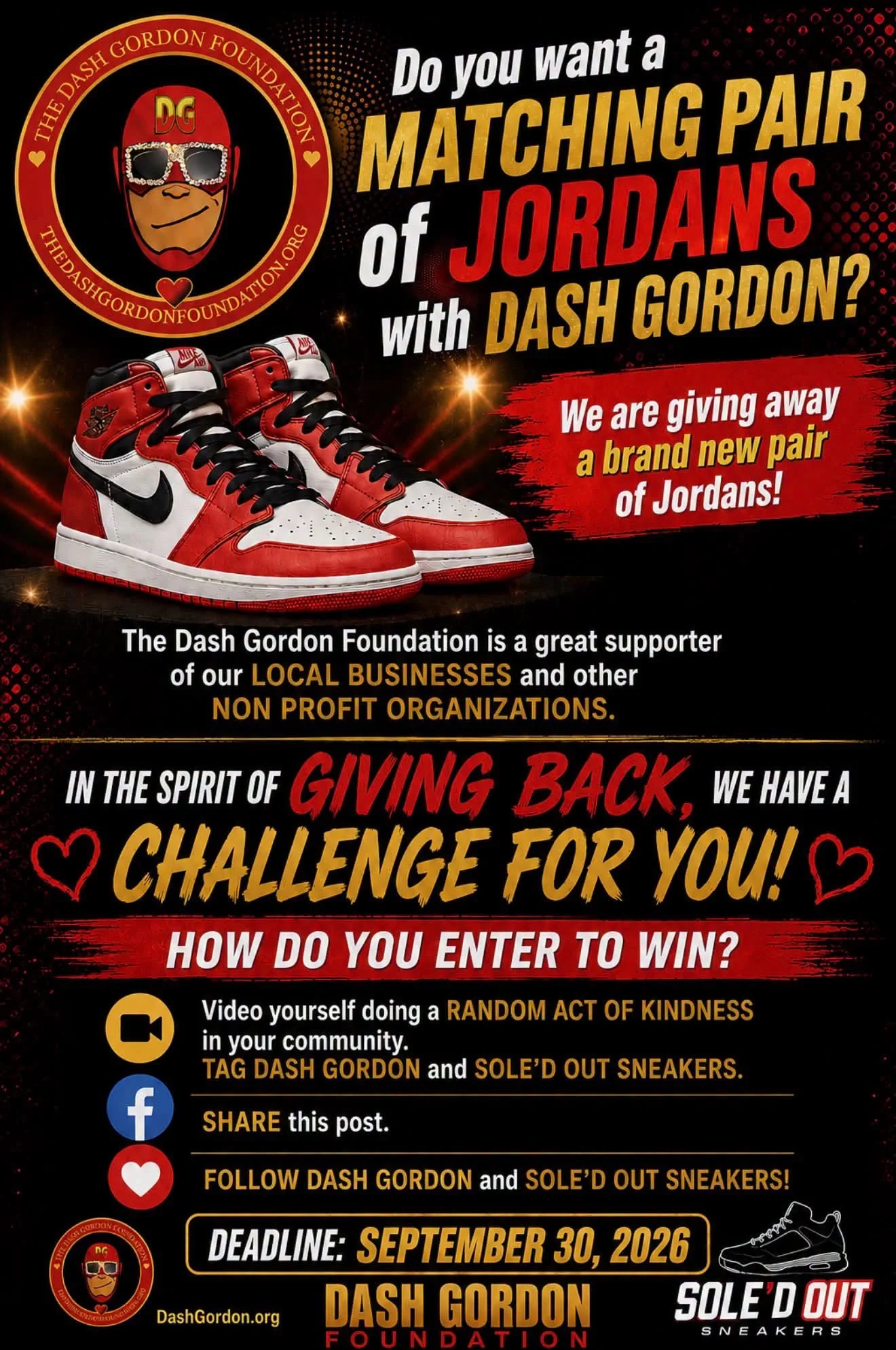 A bold red, black and gold flyer for a Dash Gordon Foundation and Sole'd Out Sneakers Jordans giveaway, showing a pair of red and white Air Jordan sneakers and step-by-step entry instructions.