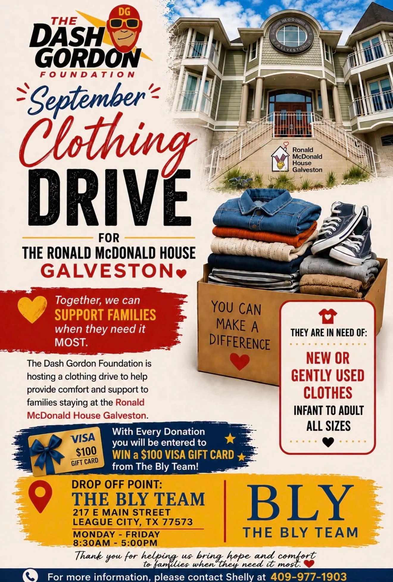 A flyer for the Dash Gordon Foundation's September Clothing Drive, showing the Ronald McDonald House Galveston building, a box of folded donated clothing, and drop-off details at The Bly Team.