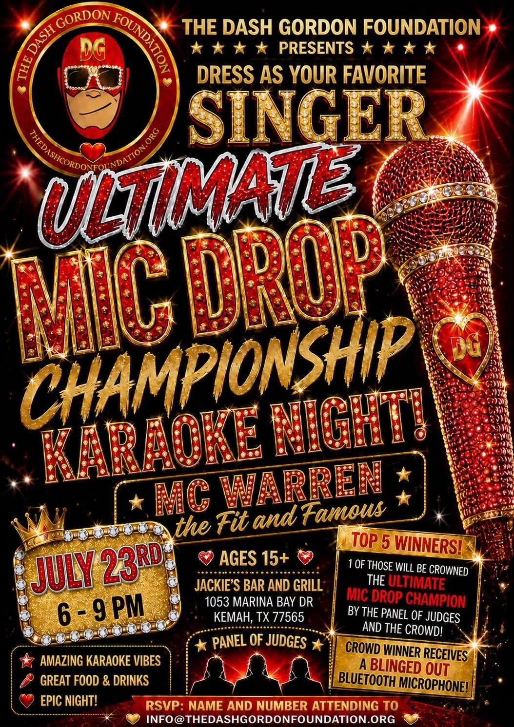 A glittery red and gold flyer for the Dash Gordon Foundation's Ultimate Mic Drop Championship Karaoke Night, featuring a bejeweled red microphone and event details for Jackie's Bar and Grill in Kemah.