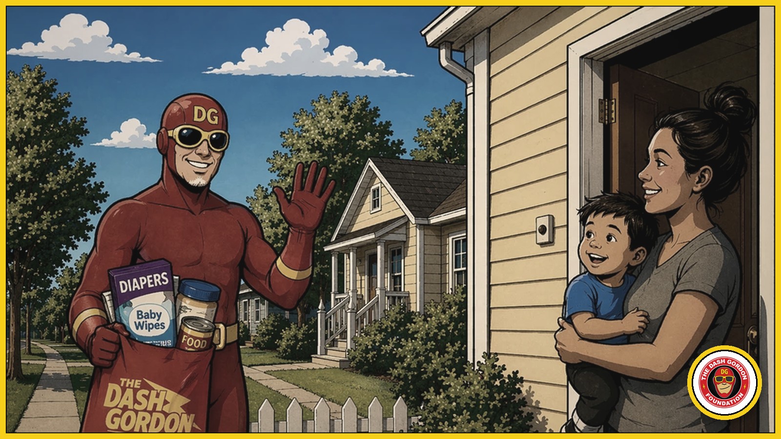 Timothy Glover as Dash Gordon delivering baby supplies to a mother and son in League City, Texas