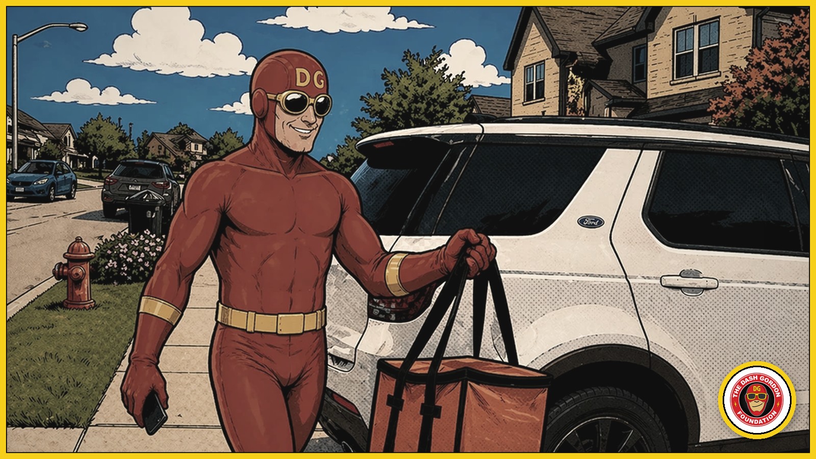 Illustrated Dash Gordon in superhero costume making a DoorDash delivery in League City, Texas